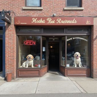 Two golden retrievers sit in a shop window, advertising an open store. Storefront is brown with red brick exterior.