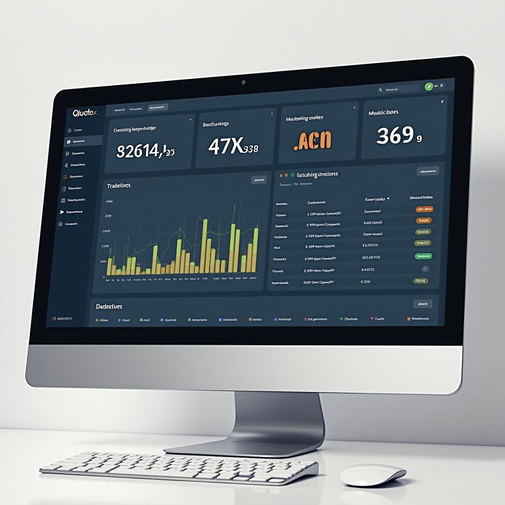 Computer screen displaying a dark dashboard with data charts and figures. Keyboard and mouse on a white desk.