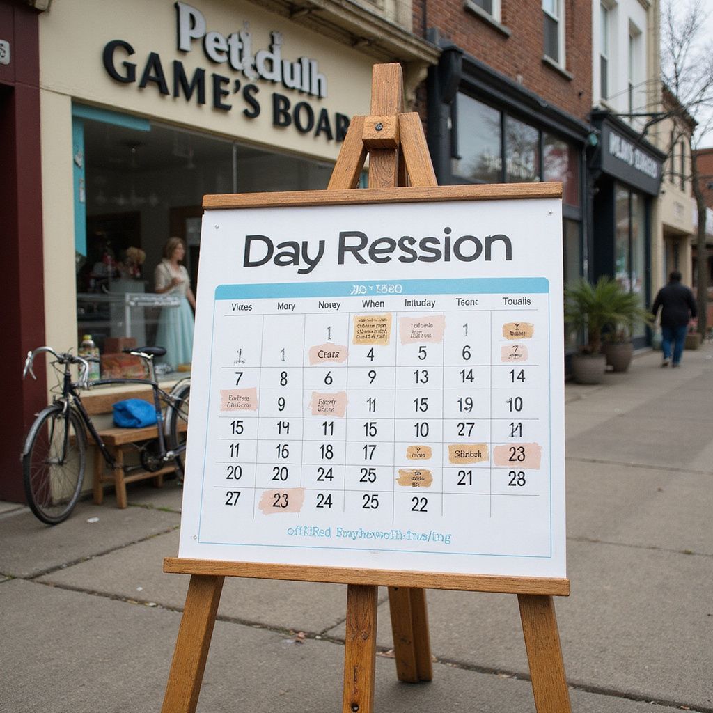 A calendar on an easel outside a store advertising a "Day Ression." Bicycle in the background.