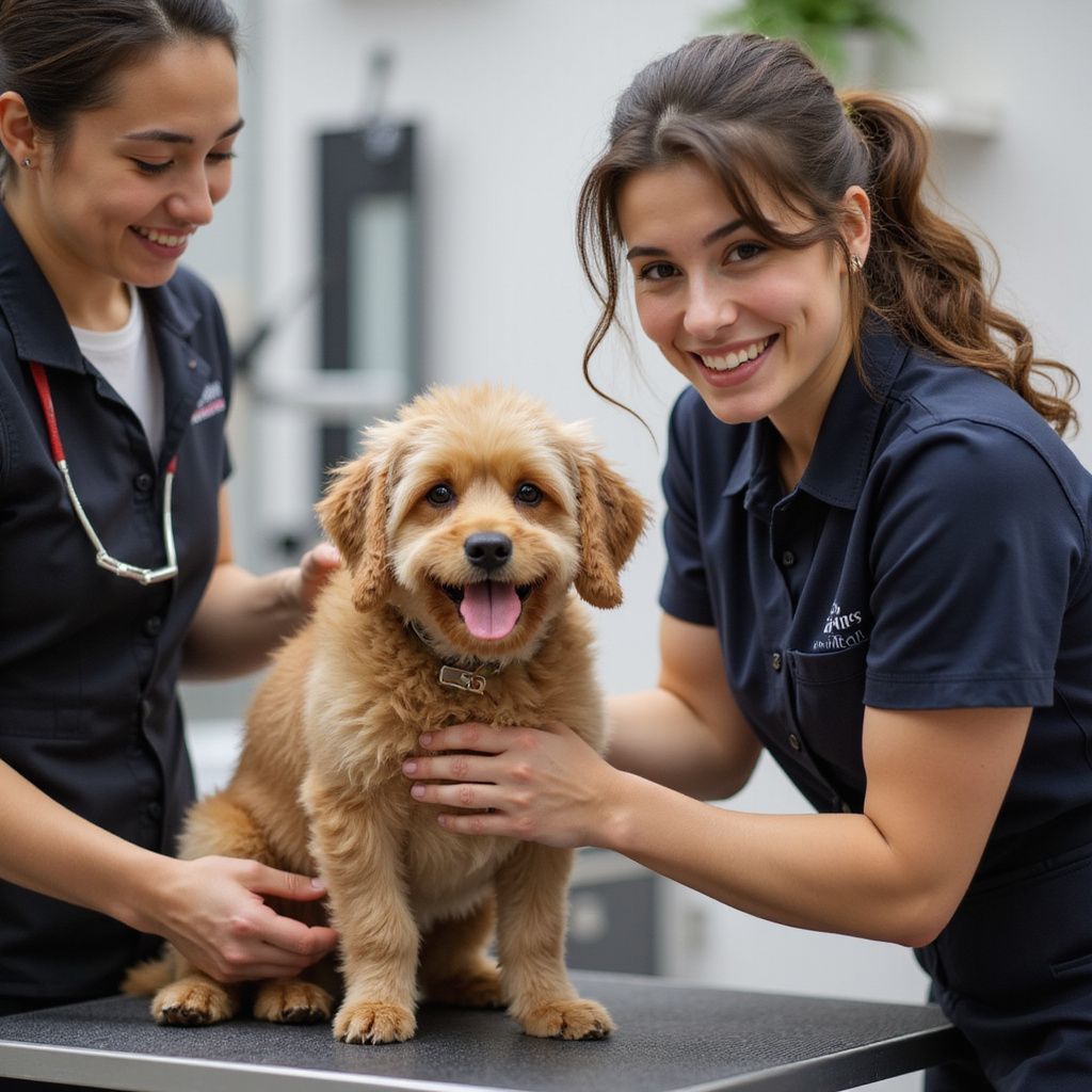 Two smiling vet techs with a happy, golden puppy in an exam room.