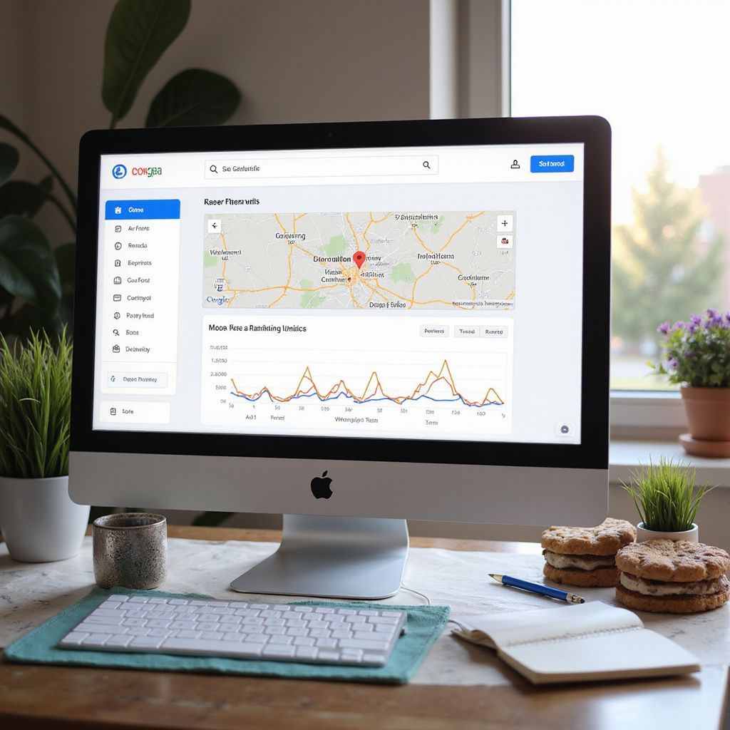 Desktop computer showing a data dashboard with a map, graphs, keyboard, and cookies.
