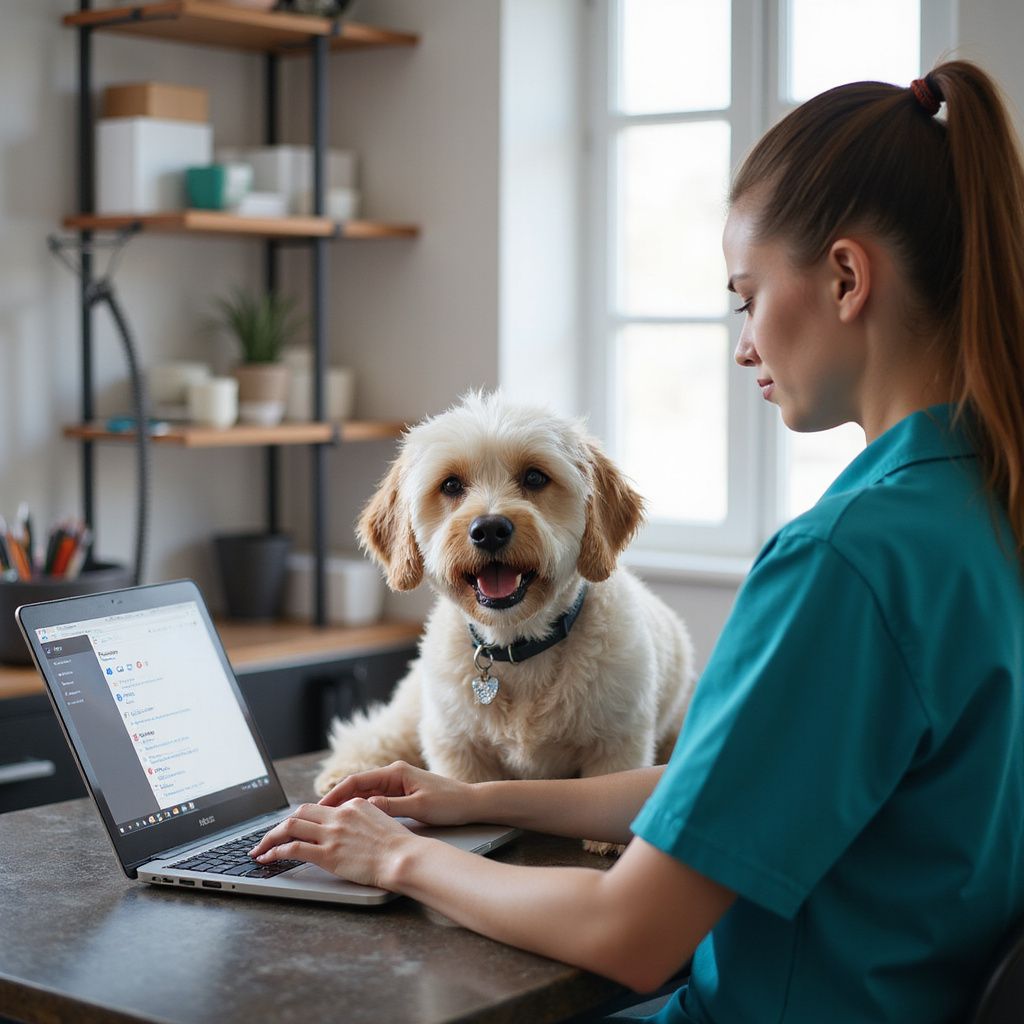 Woman dog groomer types on laptop with a small dog on the table, indoors.