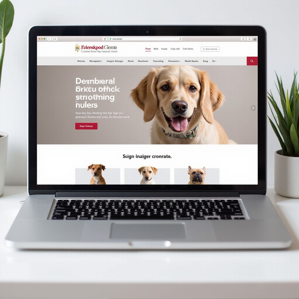 Laptop displaying the website of a pet shelter, with a dog image on the homepage.