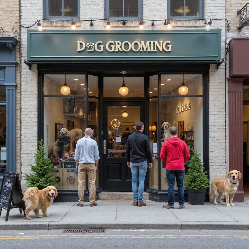 Dog grooming shop with three men and two golden retrievers outside the entrance.