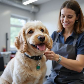 A smiling dog gets its collar adjusted by a woman in a dog grooming shop.