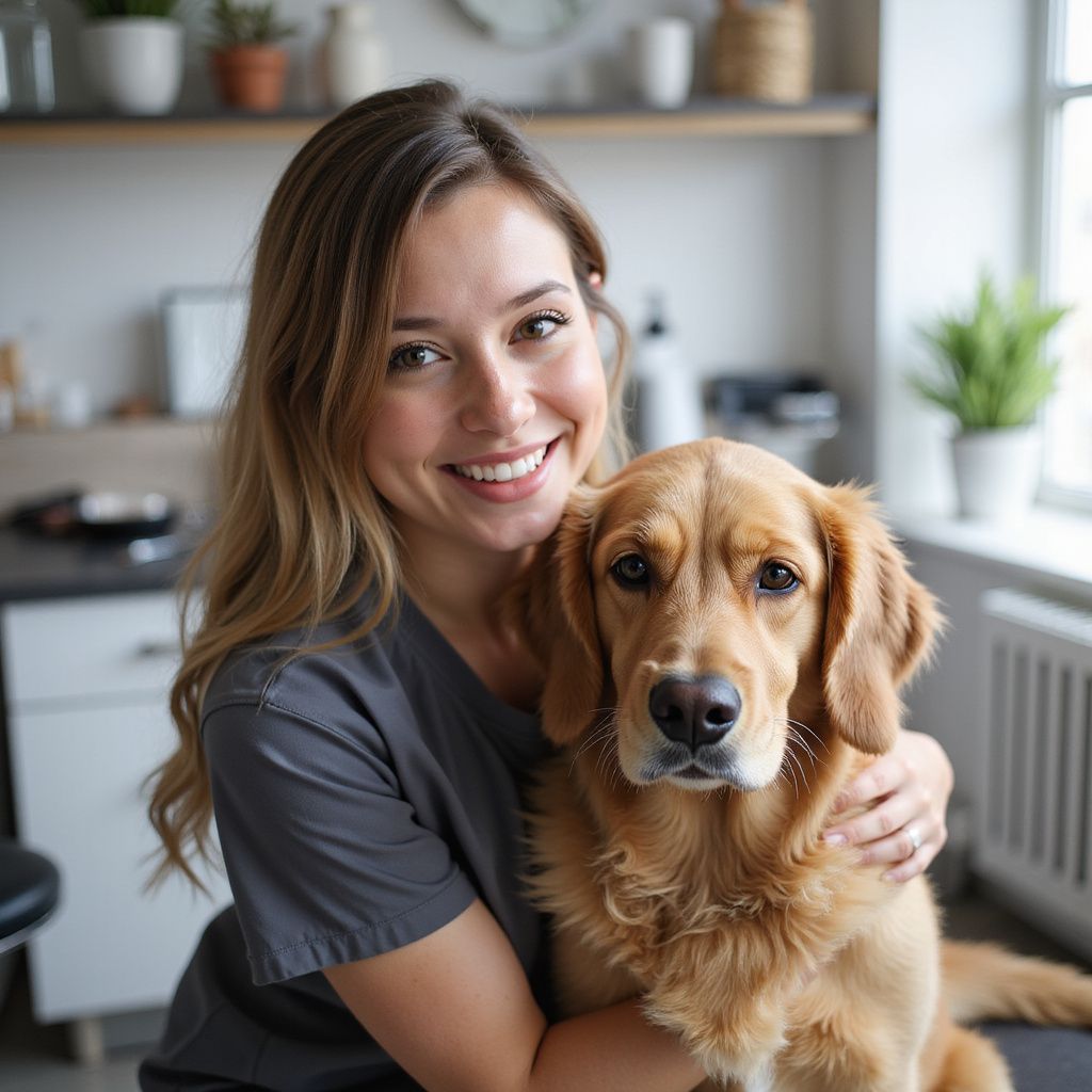 Dog Groomer with long brown hair hugs a golden retriever dog, both smiling, in a room with plants.