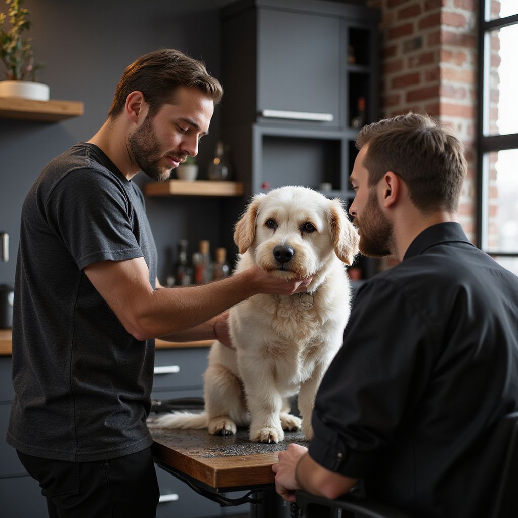 Two men dog groomers petting a golden retriever on a countertop in a modern kitchen.