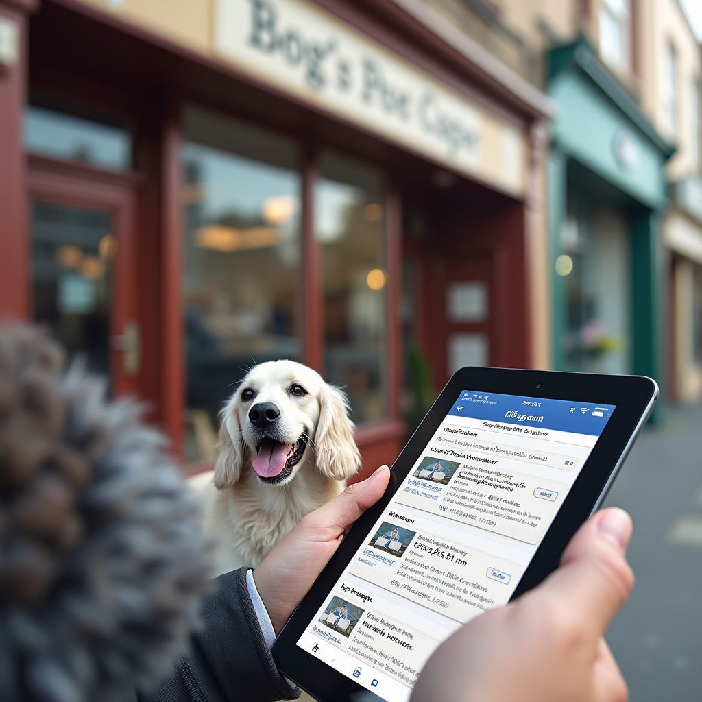 Person holding tablet showing a Facebook page, with a dog and shop in the background.
