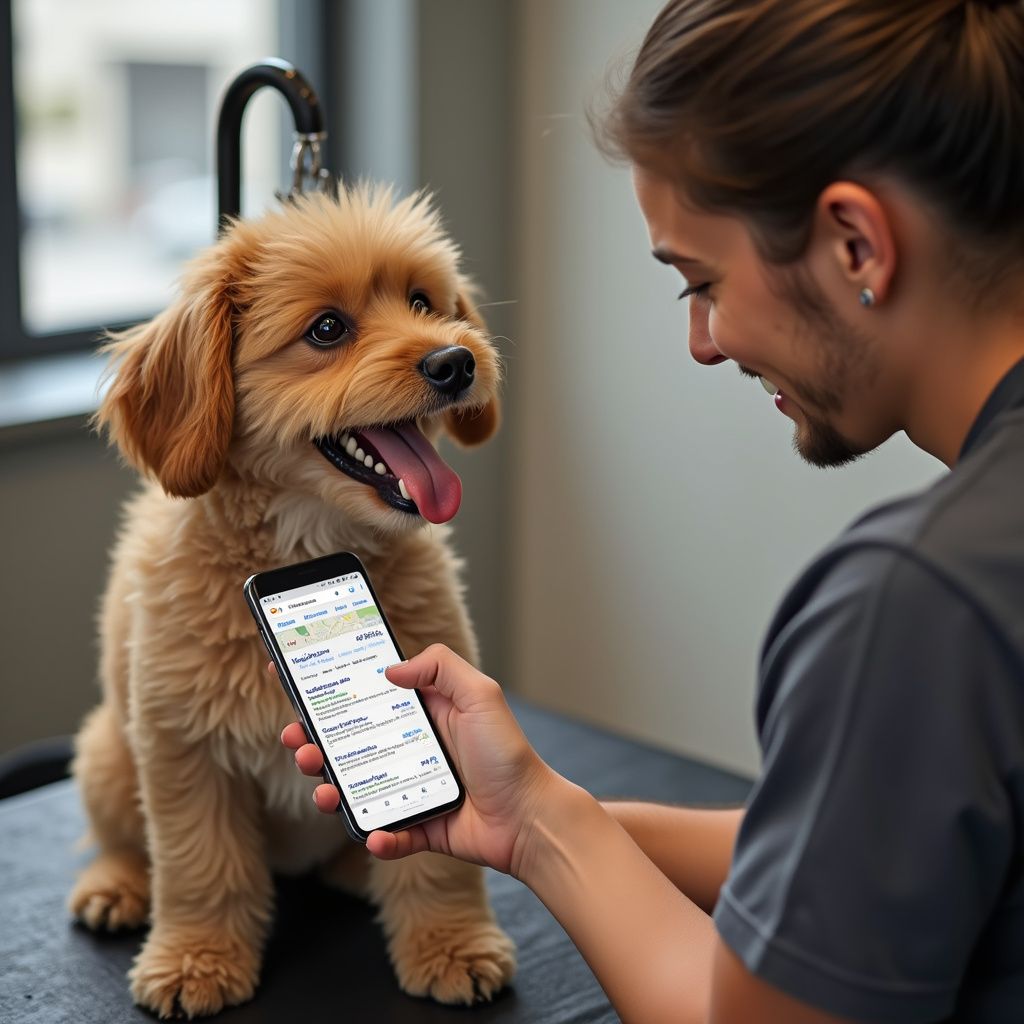 A smiling groomer shows a phone screen to a happy, fluffy dog. Indoors.