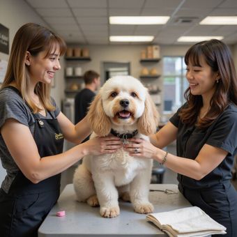 Two women dog groomers petting a happy, fluffy dog on a grooming table, indoors.