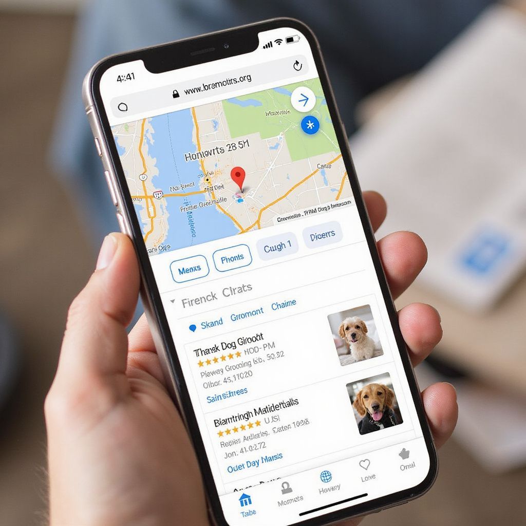 Person holding a phone displaying a map with pet grooming listings.