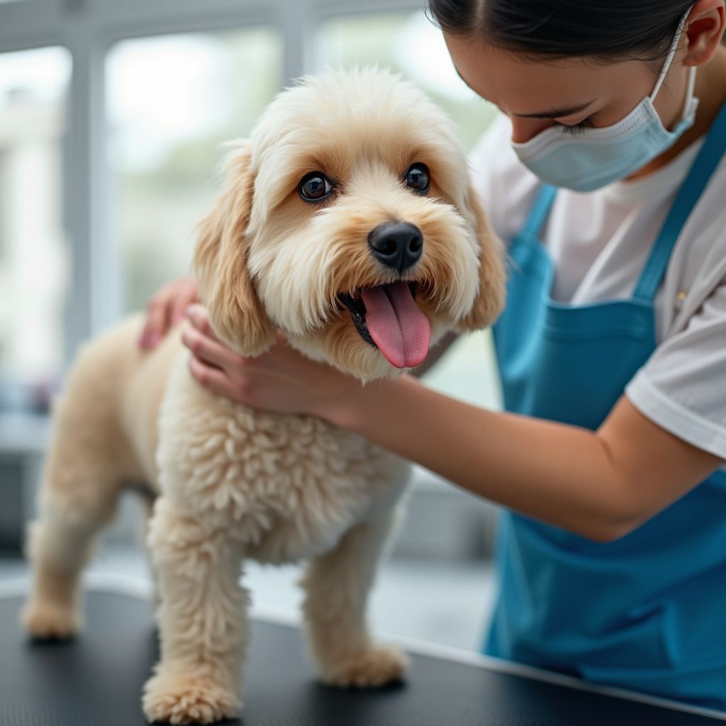 Dog being groomed by a person in a mask and apron. The dog is light brown and has its tongue out.