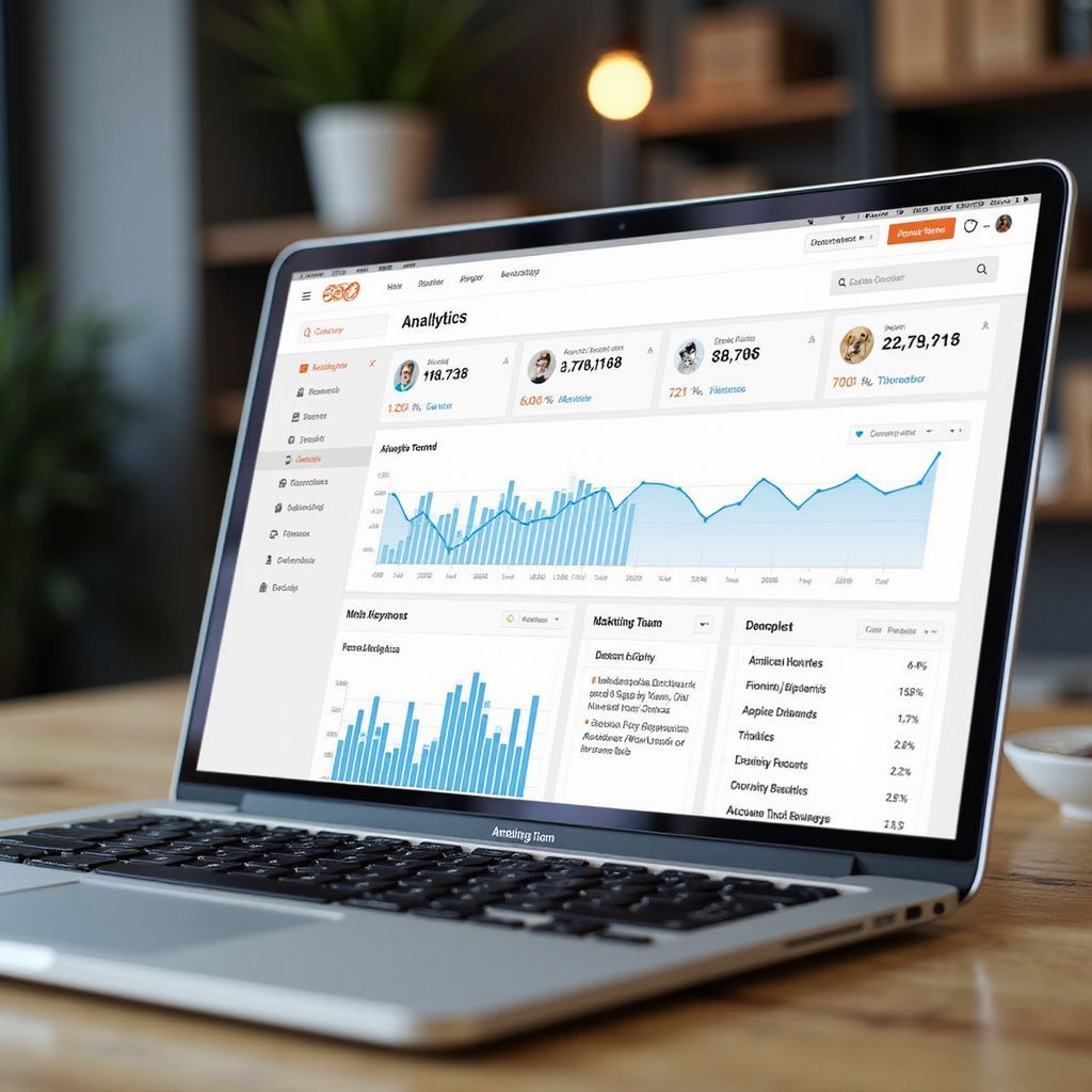 Laptop displaying a data analytics dashboard with graphs in a modern office setting.