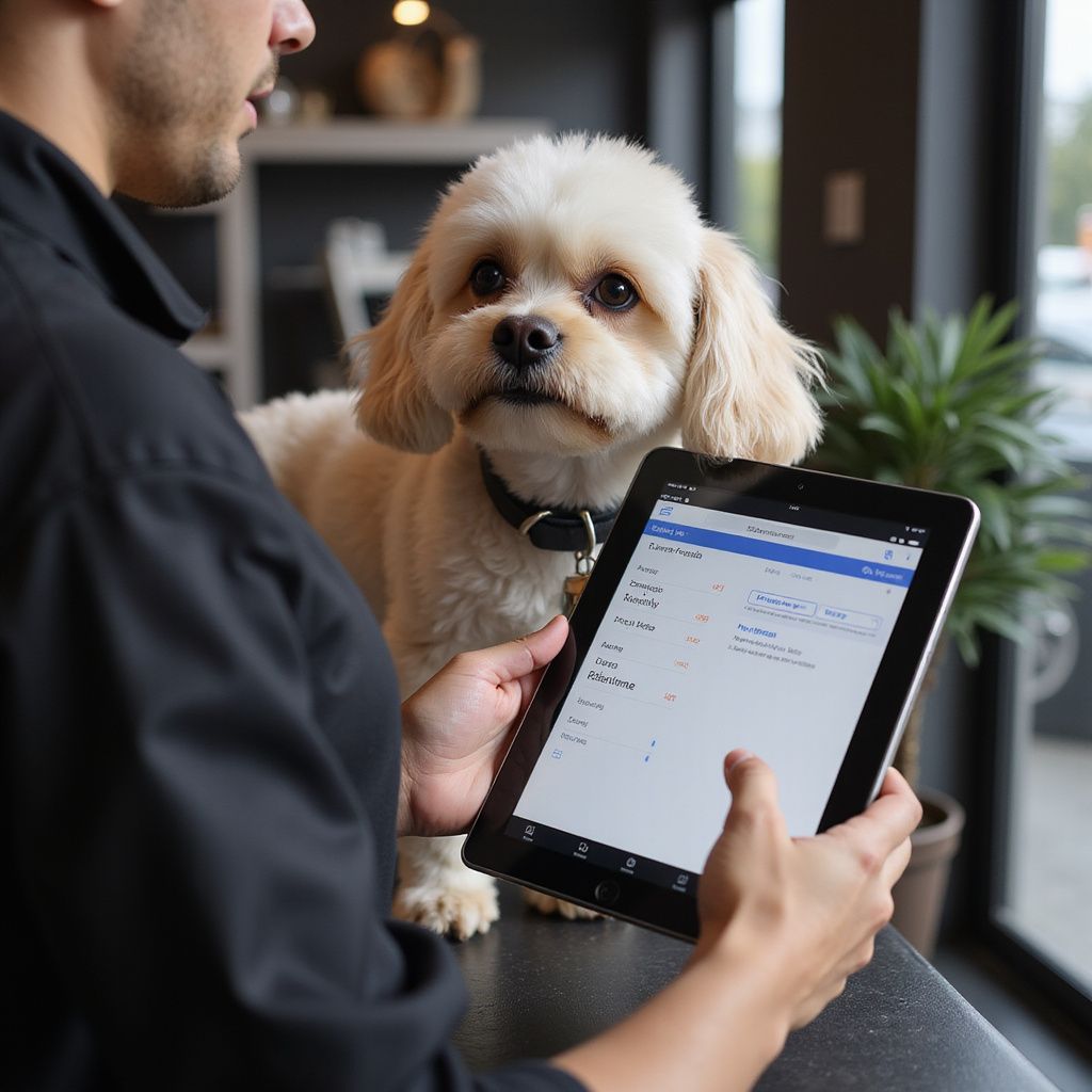Man holding a tablet, looking at it with a small dog, inside a shop.