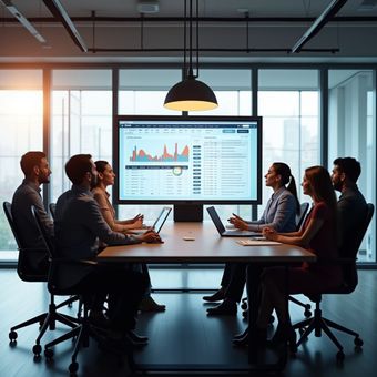 Business team meeting around a table, looking at a screen displaying data.