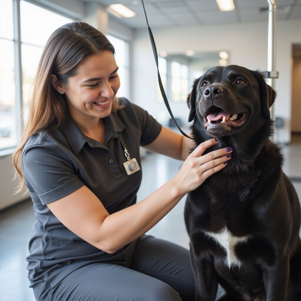 Female dog groomer petting a black Labrador with white chest markings at a grooming salon, both smiling.