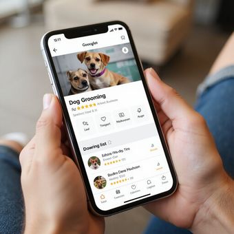 Person holding a phone showing a dog grooming app interface. Two dogs in photo, app displays listings.