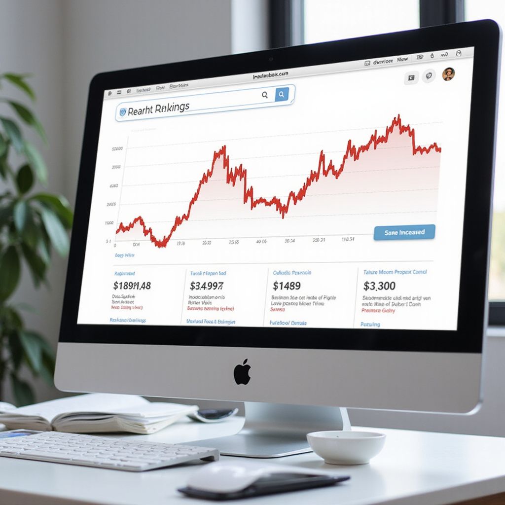 A computer monitor displays a stock market graph. Data visualization of financial information.