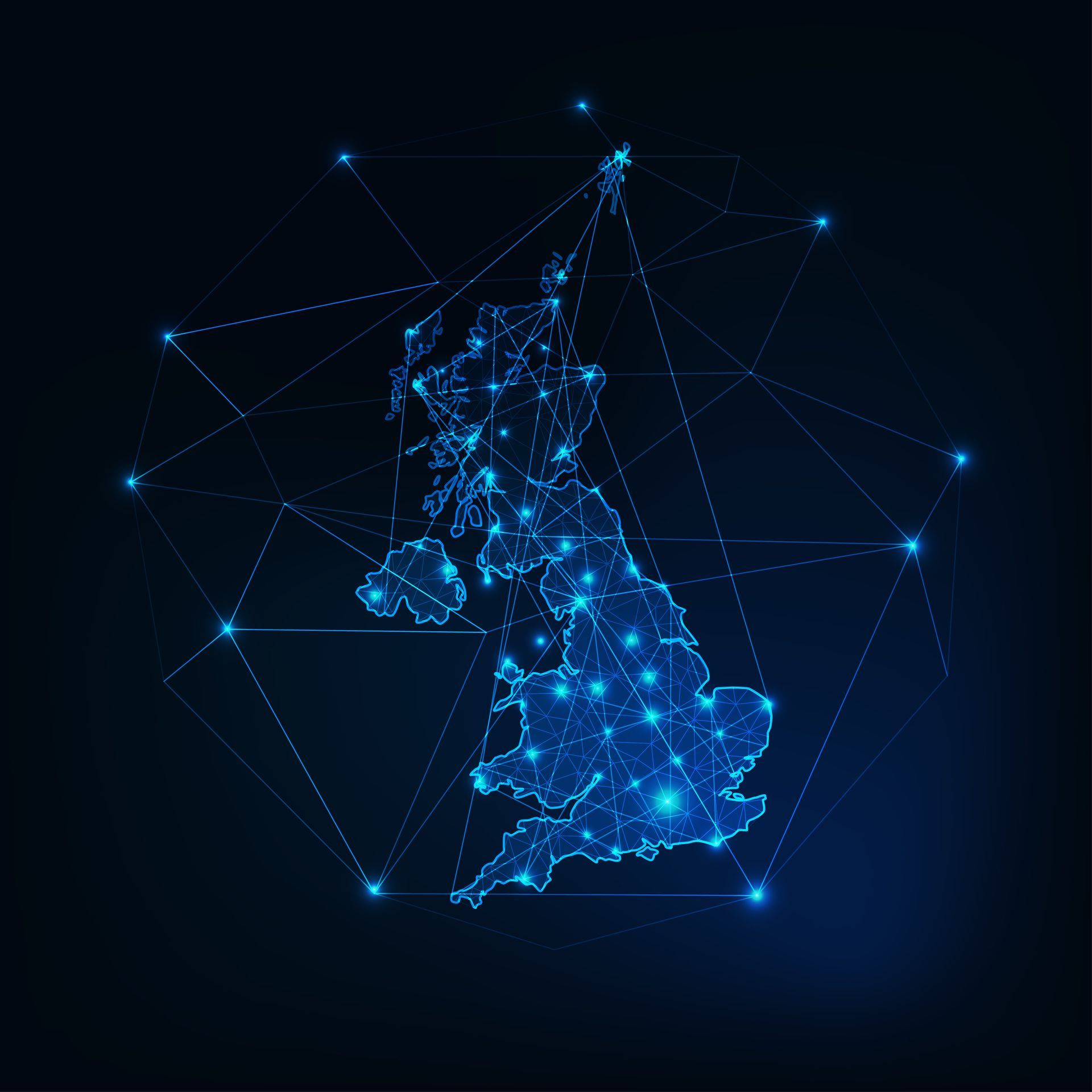 A map of the united kingdom made of lines and dots on a dark blue background.