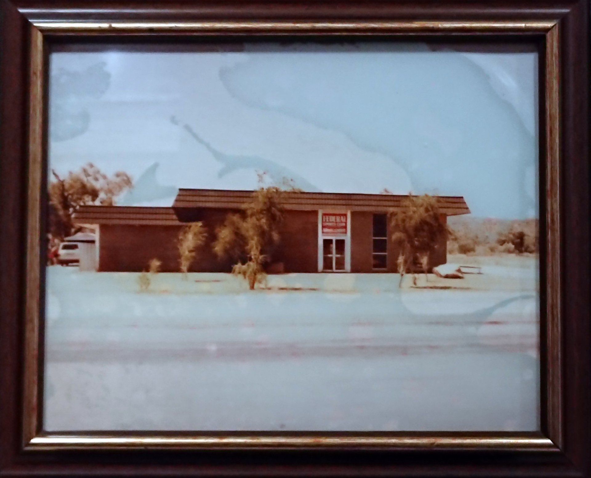 A framed picture of a house with a sign that says open