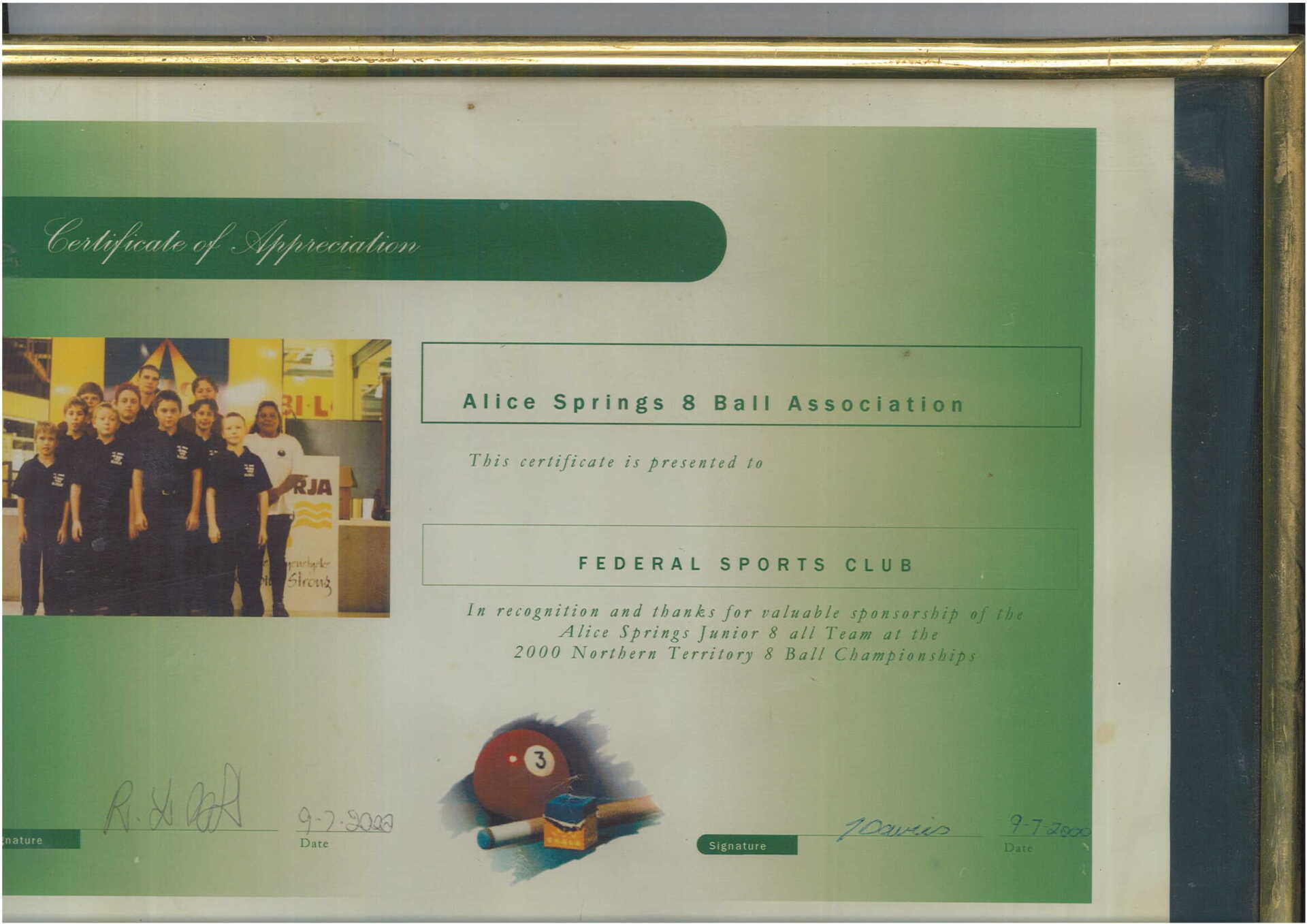 A certificate of appreciation from the federal sports club