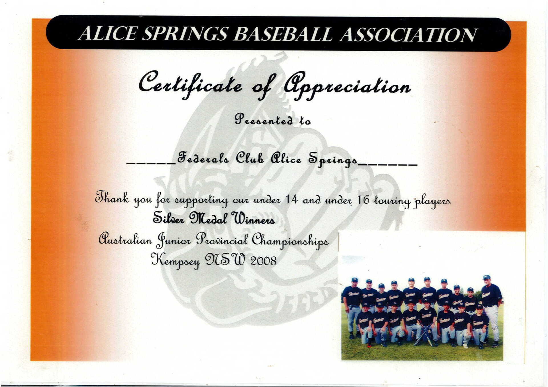 A certificate of appreciation from the alice springs baseball association