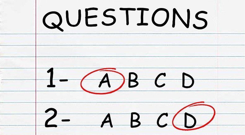 Multiple choice questions with answers marked: Question 1, choice A; Question 2, choice D.