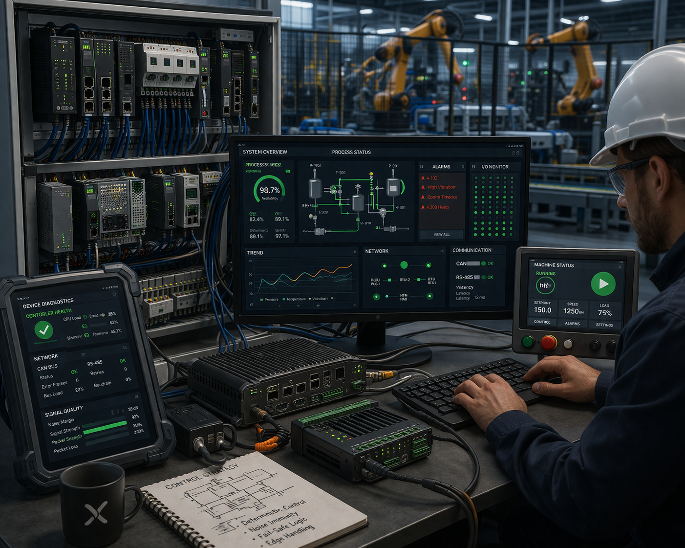 A person in a hard hat monitors industrial machinery and data dashboards at a workstation in a factory setting.
