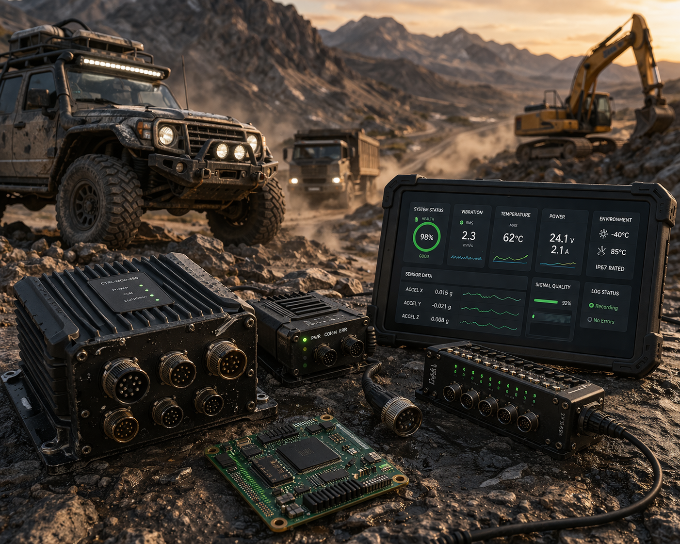 Ruggedized electronic equipment and a tablet displaying technical data sit on rocky ground near vehicles and an excavator.