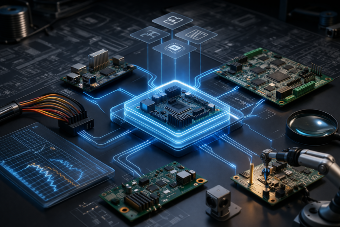 A central glowing microchip connects to various circuit boards and data visualizations on a dark, technical workspace.