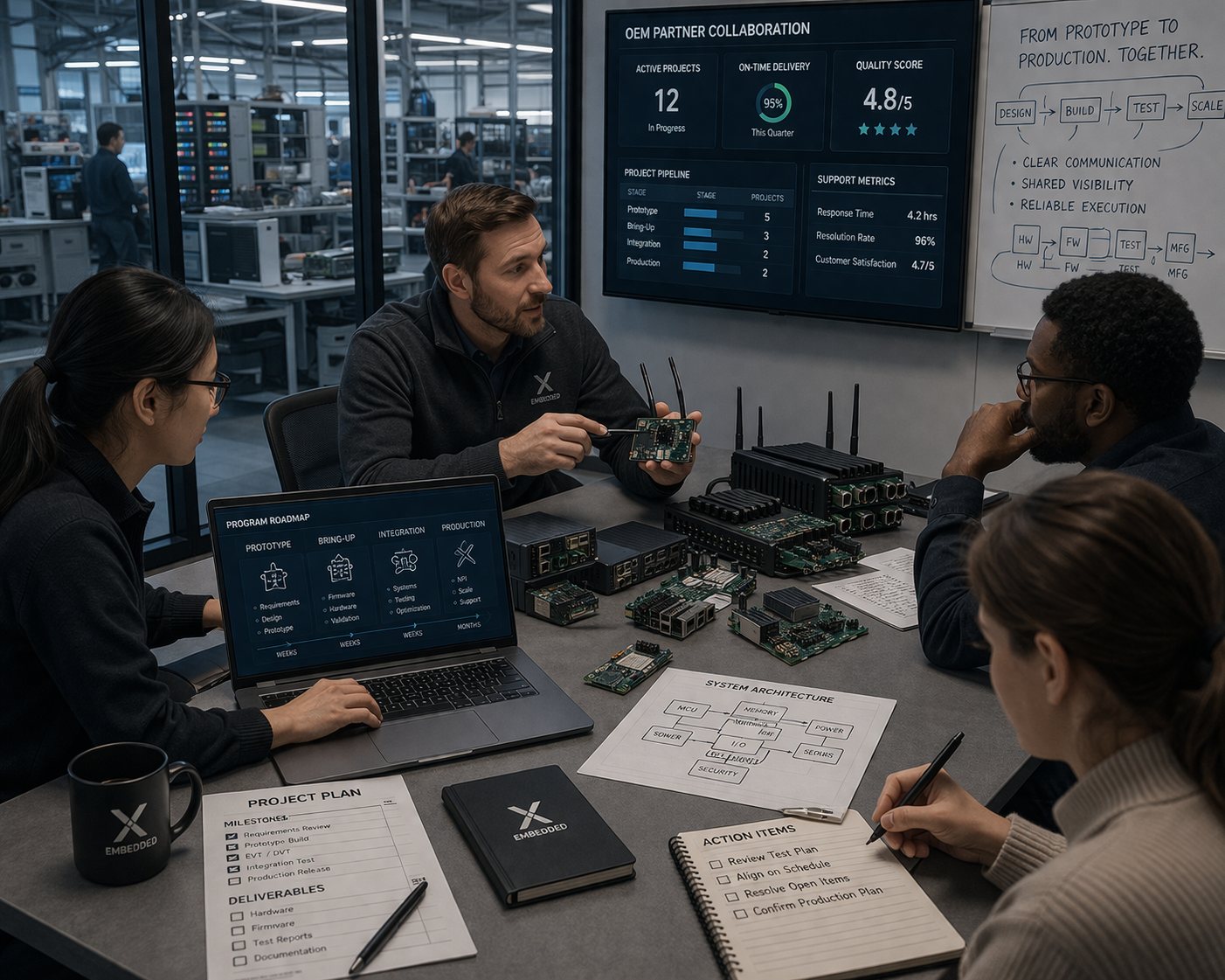 A diverse group of engineers collaborates around a conference table strewn with circuit boards, laptops, and technical notes.