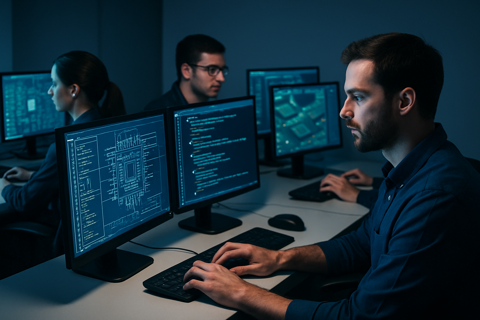 Three people work at computers in a dimly lit office, focused on complex data and code displayed on their screens.