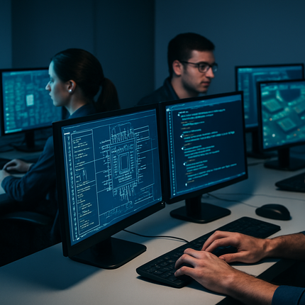 People work in a dimly lit office, typing on computers displaying software code and technical diagrams.