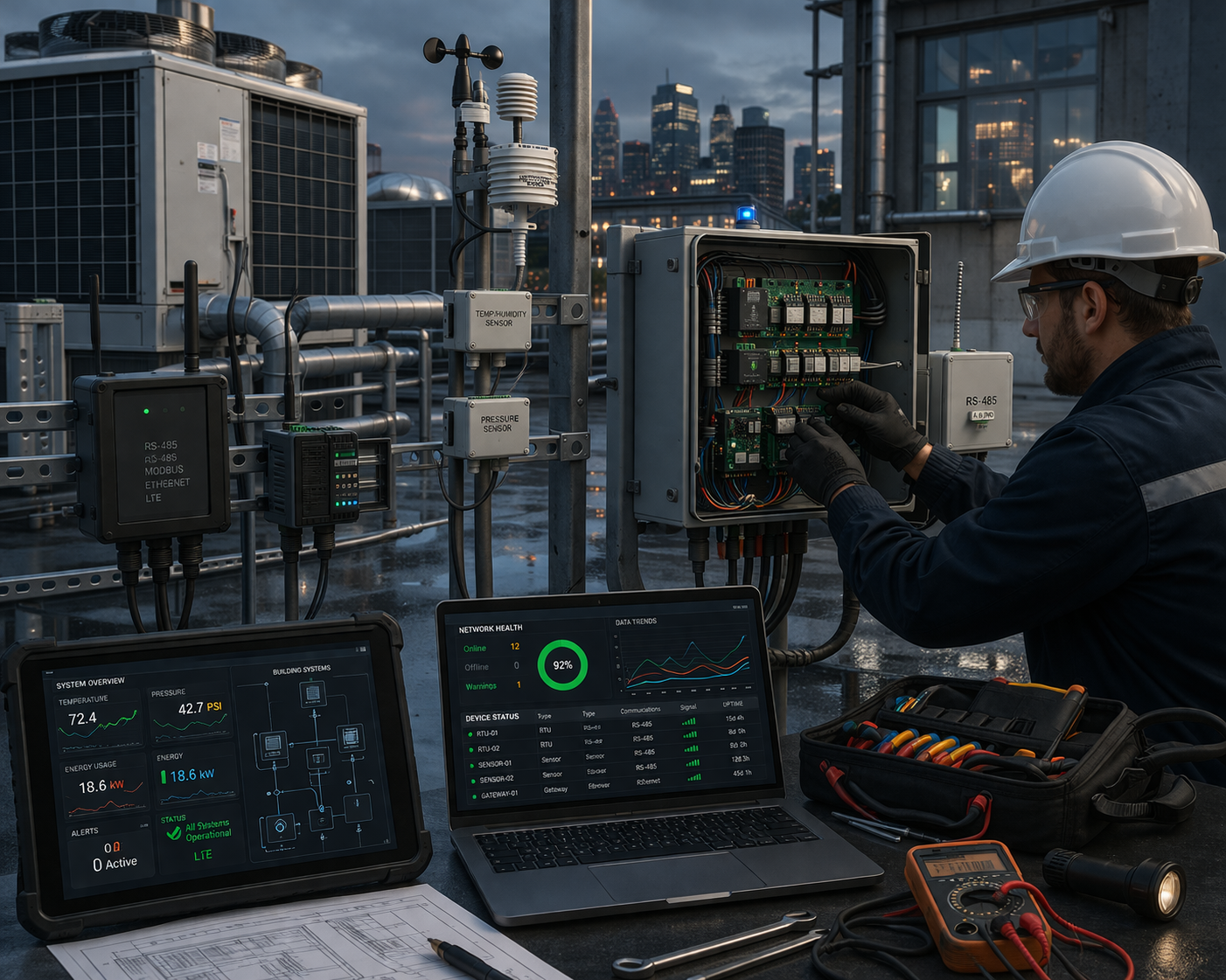 Technician wearing a hard hat works on an open electrical control panel on a rooftop with laptops and tools nearby.