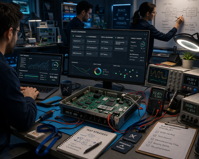 Engineers work in a lab with computer monitors displaying data, circuit boards, and testing equipment.