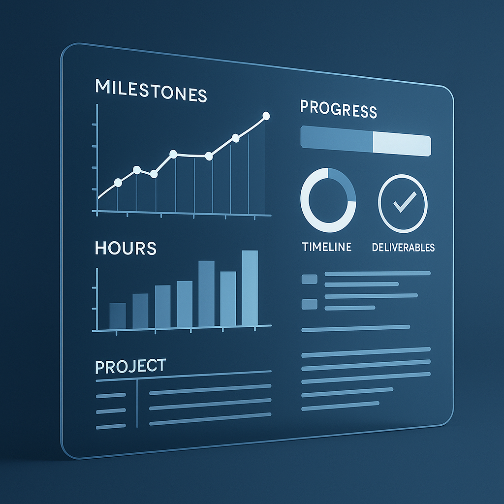 A digital project management dashboard with graphs, progress charts, and list views, rendered in a clean blue-on-blue style.