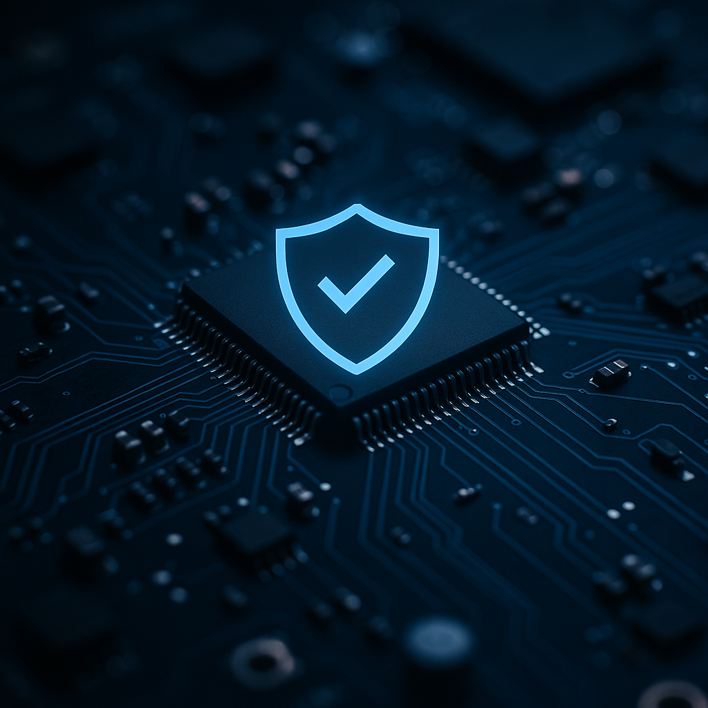 A glowing blue shield icon with a checkmark centered on a dark electronic circuit board.