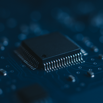 A macro shot of a black integrated circuit chip soldered onto a dark blue circuit board.