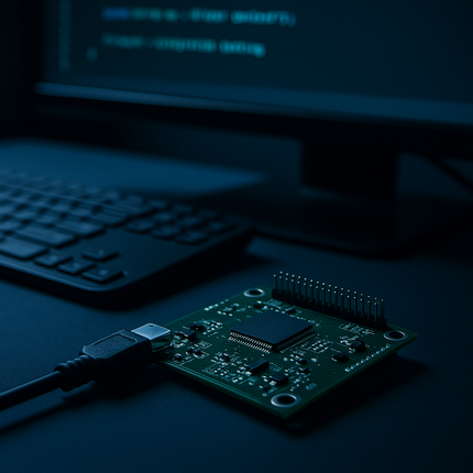 A green electronic circuit board connected by a USB cable on a desk in front of a computer monitor with code.