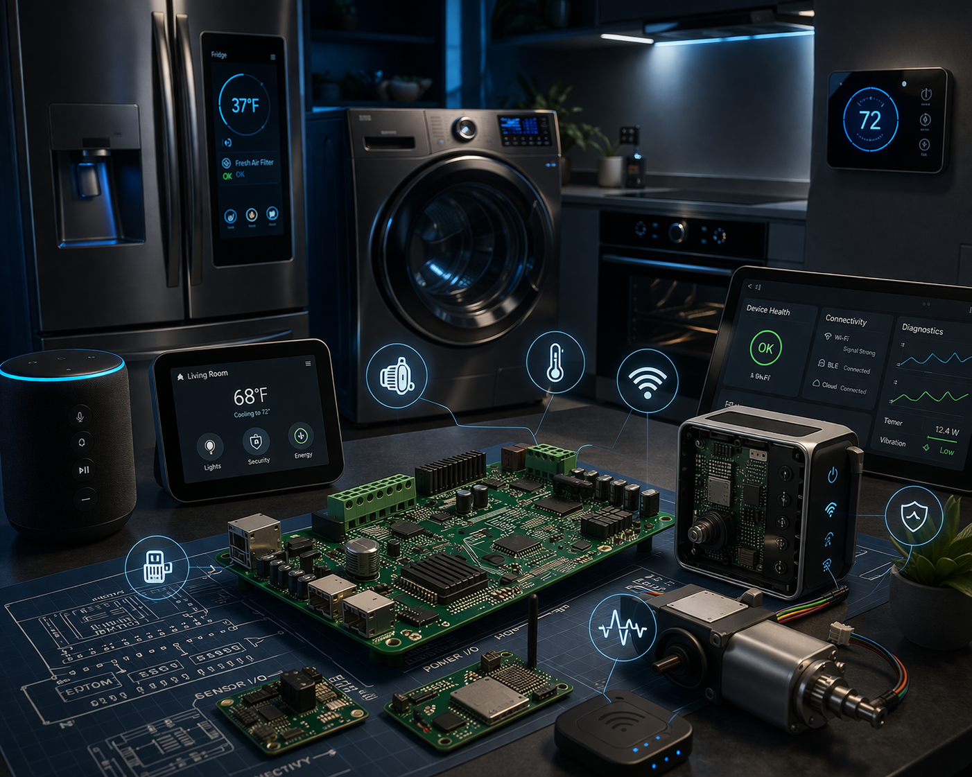 A dark-themed kitchen display featuring smart appliances, electronic circuit boards, and digital monitors.