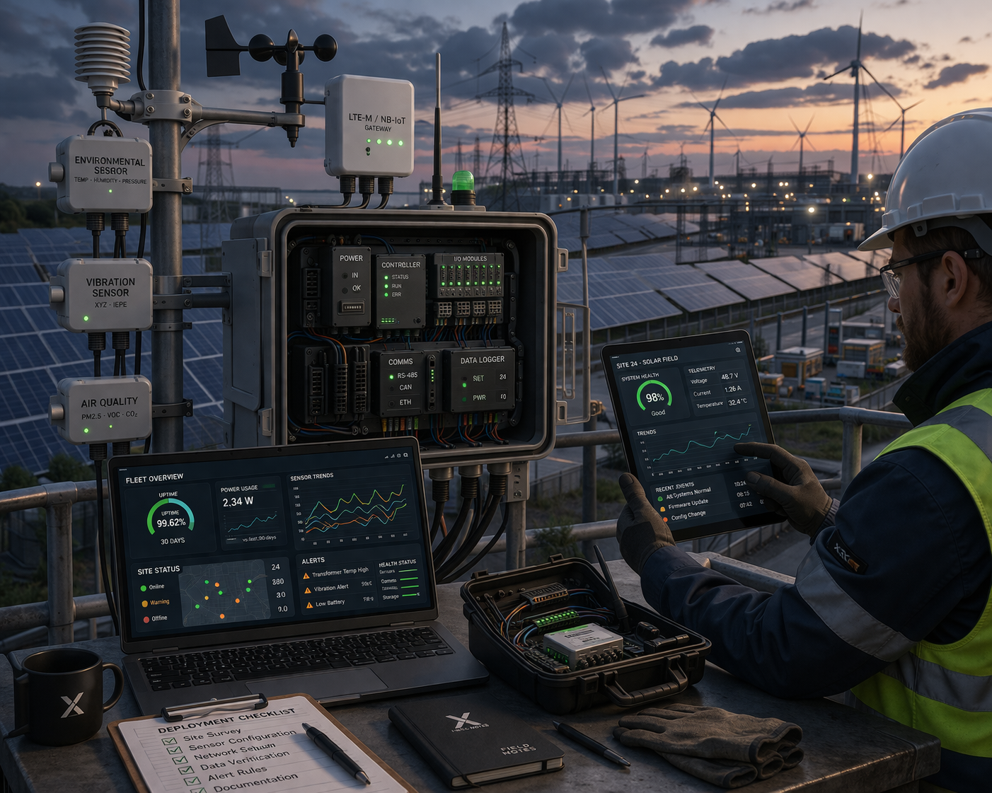 A technician monitors a solar farm's data on a laptop and tablet amidst control equipment at sunset.