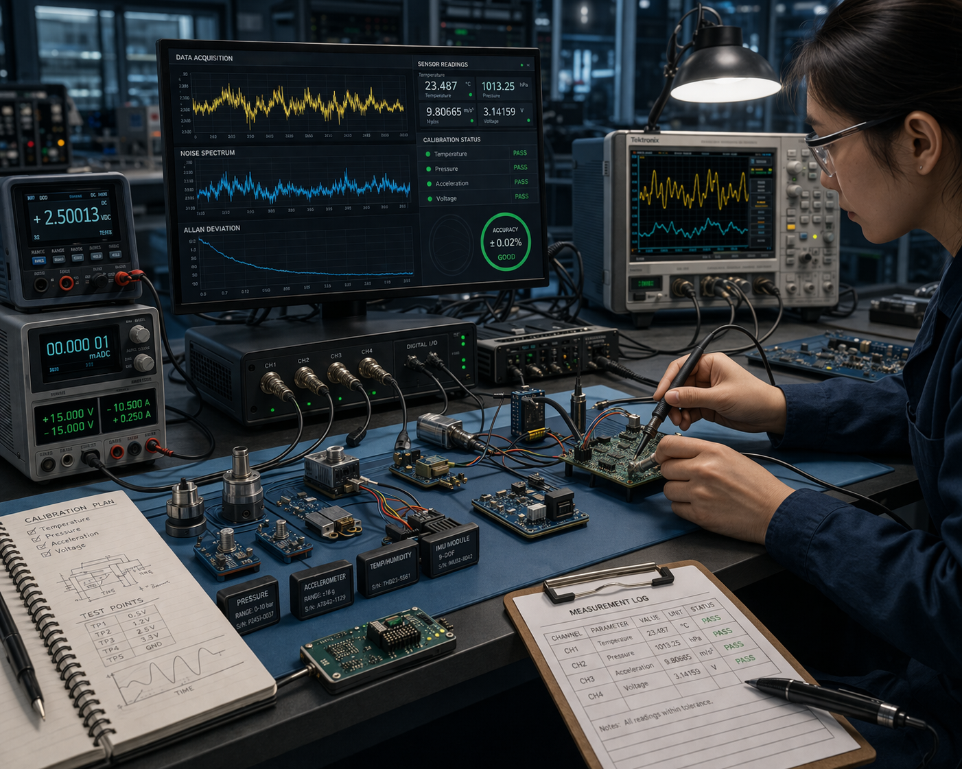 A technician works on a circuit board in a lab, surrounded by electronic testing equipment and technical notes.