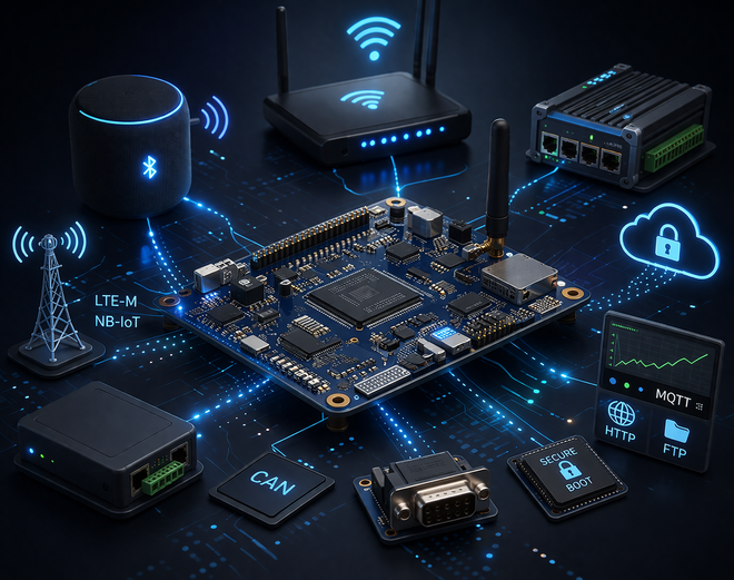 A central circuit board connected by glowing digital lines to various network, sensor, and communication devices.