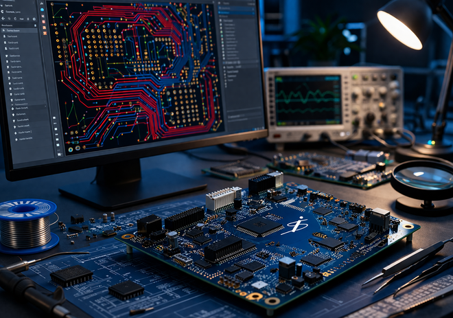 A workbench with a computer monitor showing a PCB design, an oscilloscope, and a blue circuit board under a desk lamp.
