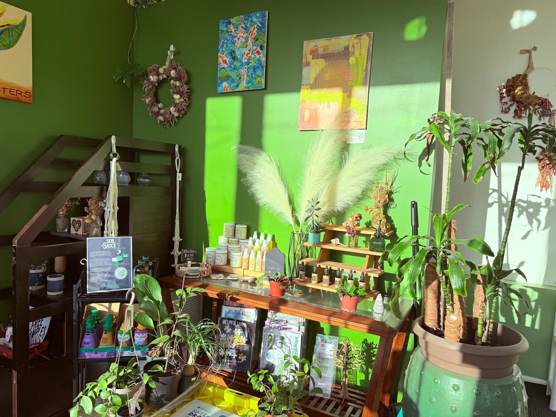 A room filled with lots of potted plants and a green wall.