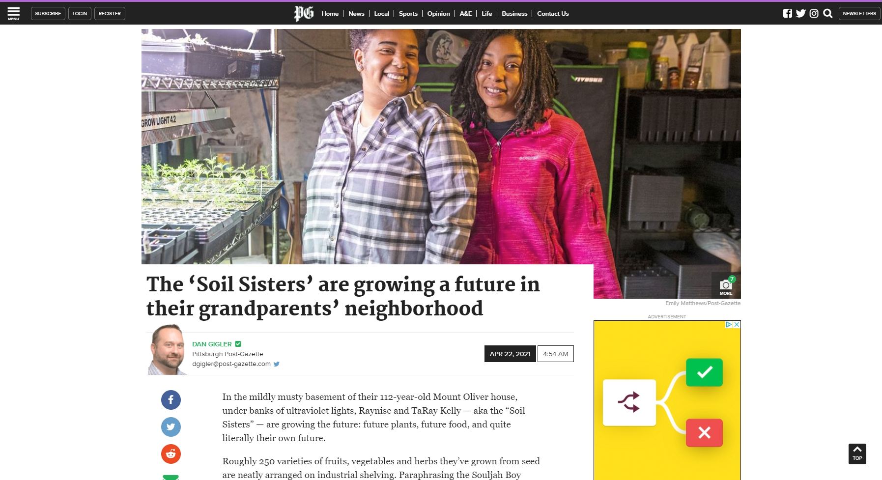 A couple of women standing next to each other on a website.