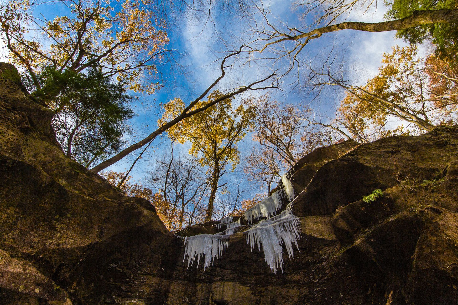 Looking up at a waterfall in the woods with trees in the background.