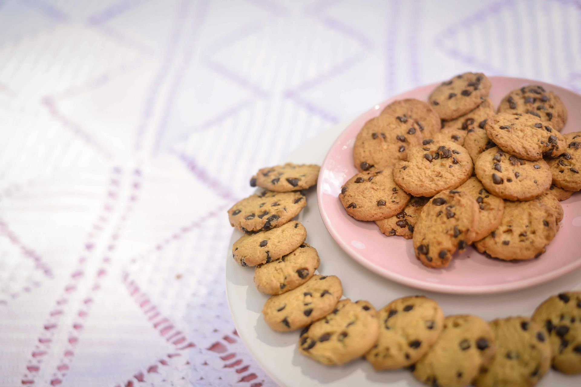 A plate of chocolate chip cookies on a table.