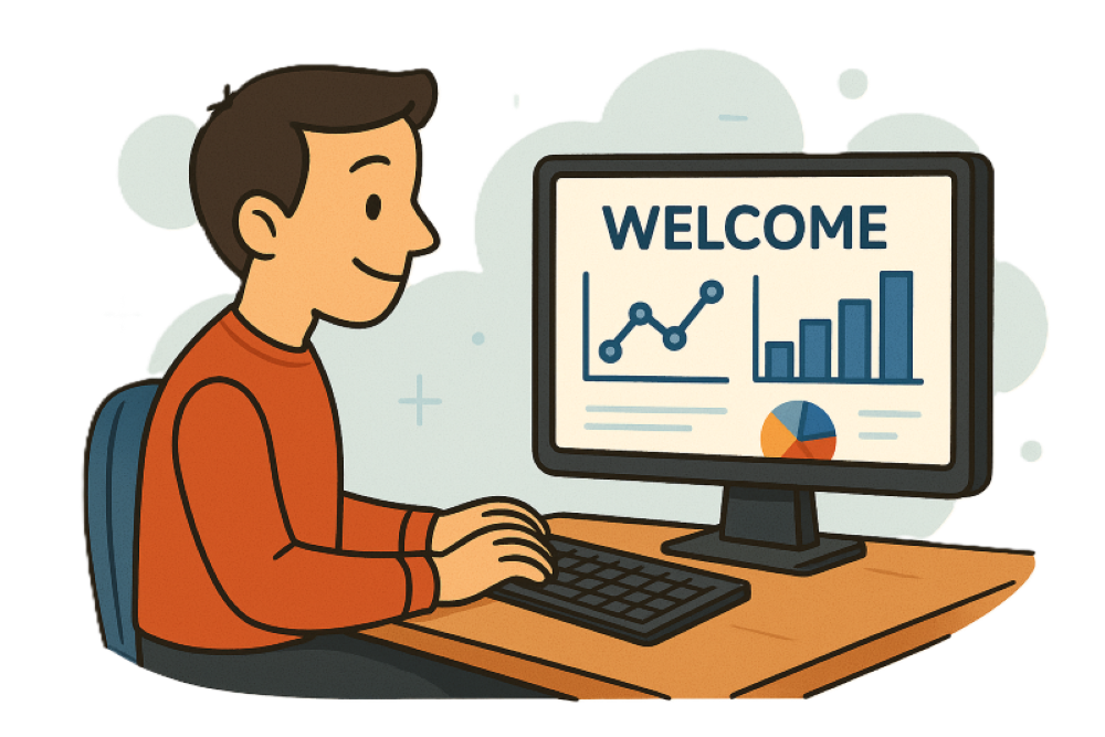 A man is sitting at a desk using a computer with a welcome message on the screen.