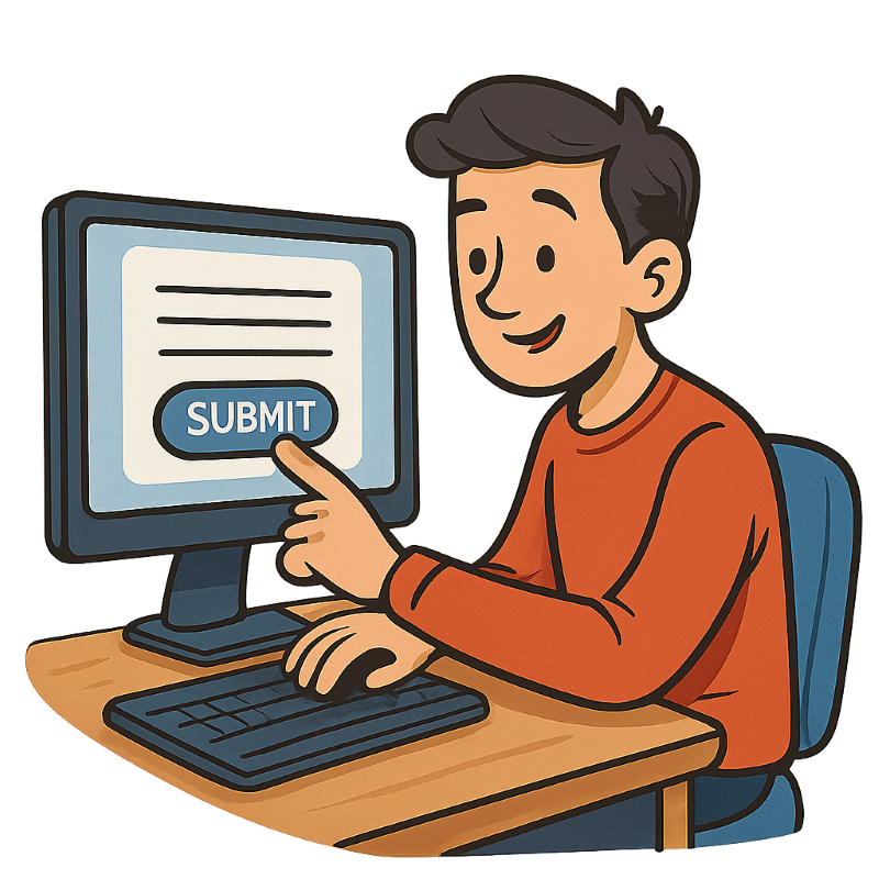 A cartoon of a man sitting at a desk using a computer.